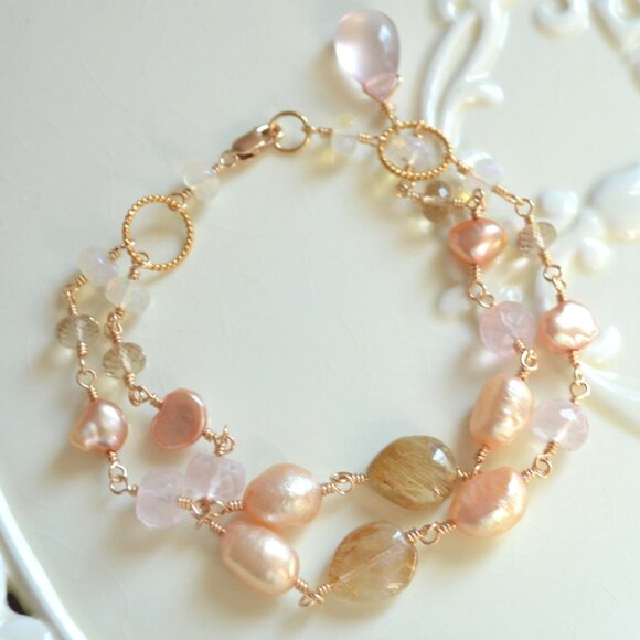 Gold Double Strand Bracelet with Golden Rutilated Quartz Made in Canada - Picture 2 of 9
